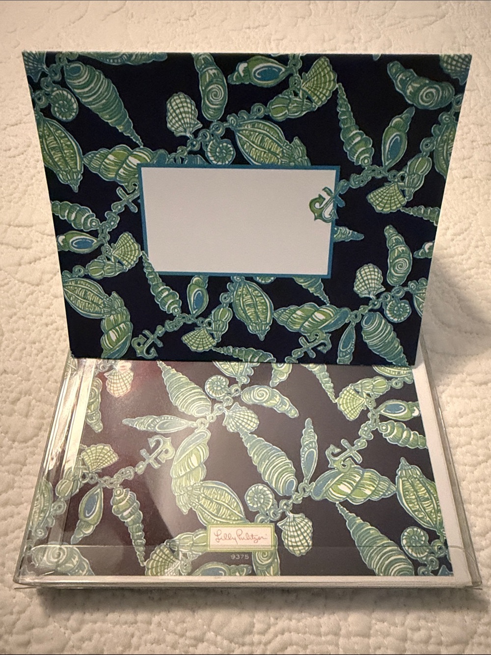 Lilly Pulitzer 20 Note Cards Set, Navy Blue & Green Seashells, Blank Inside